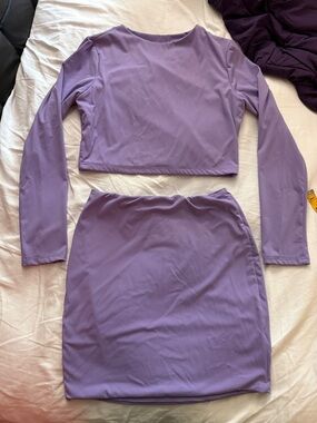 Lilac Long-Sleeve Crop Top and Skirt Set - Women's Two-Piece